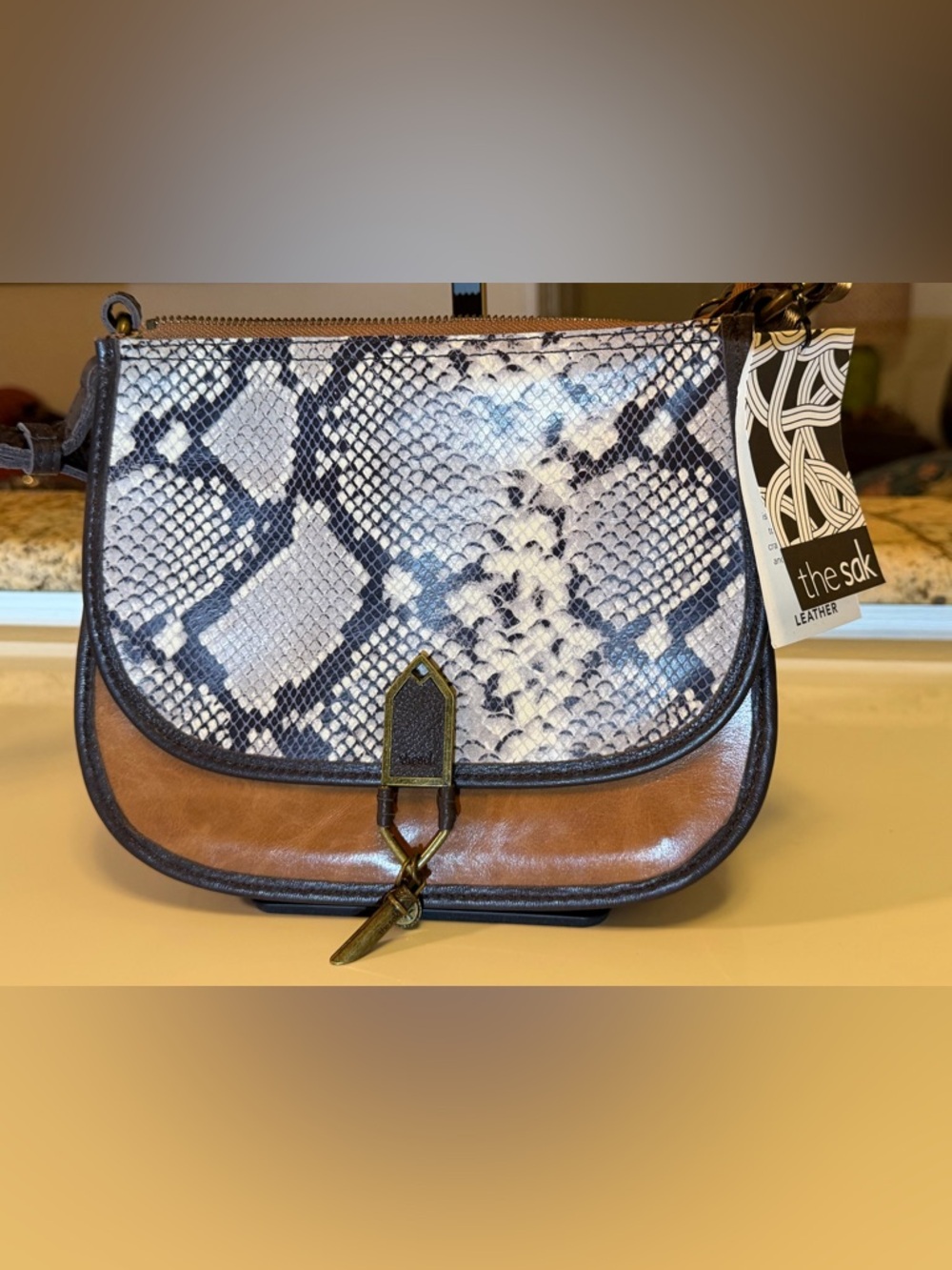 Snake-Print Leather Crossbody Bag in White and Brown